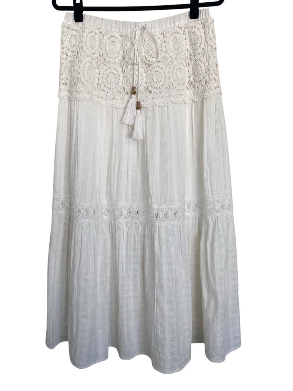 Miss Me Boho Western Maxi Skirt Cream Crochet Lace Tiered Large